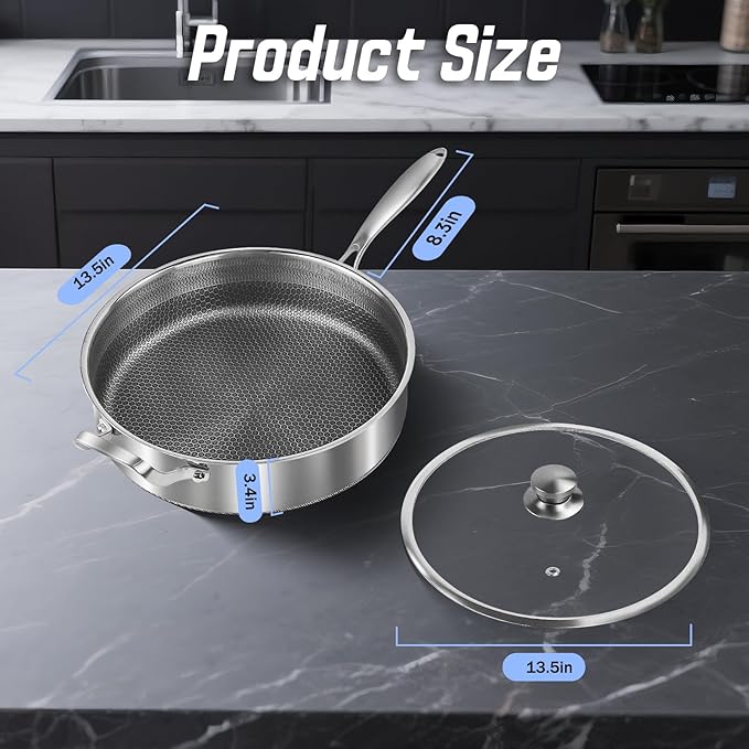 Frying Pans Nonstick wih Lid, Non Stick Tri-Ply Stainless Steel Saute Pan, 8 Quarts Large Sauté Pan, 13.5 Inch Induction Cooking Pan, Dishwasher and Oven Safe, PFOA Free