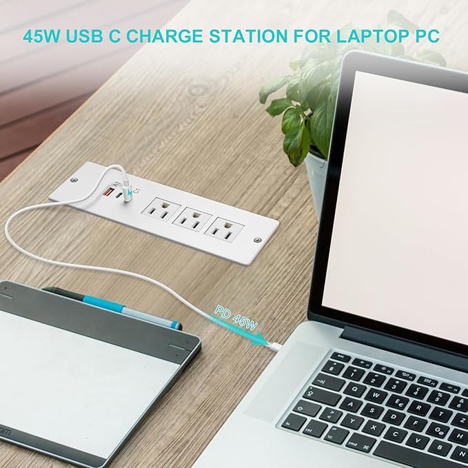 45W Recessed Power Strip USB C, Flush Mount Desk Extender 3 AC Outlets 2 PD USB-C&1 Fast Charge USB-A Ports,Flat Plug Extension Cord for Drawer Cabinet Countertop Table Conference White