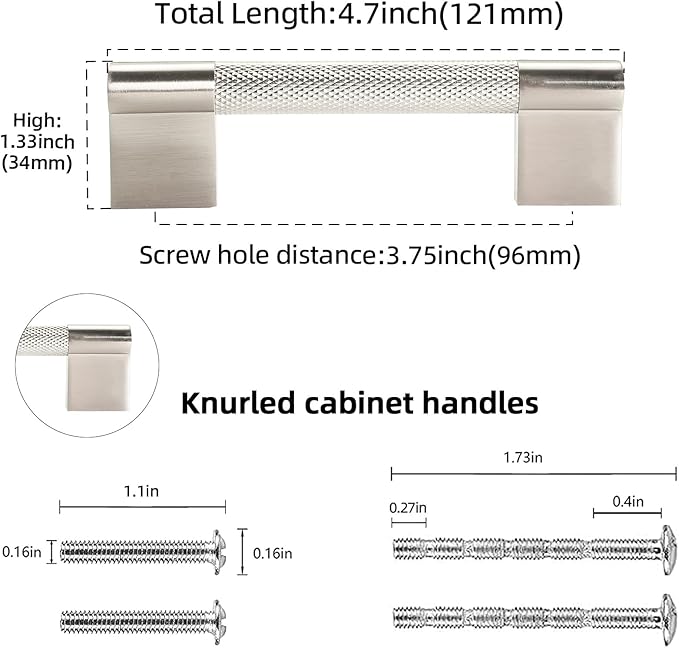 10 Pack 3-3/4 inch(96mm) Brushed Satin Nickel Kitchen Cabinet Handles Knurled Cabinet Pulls Drawer Pulls Kitchen Hardware