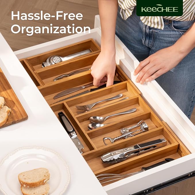 6-Piece Bamboo Drawer Organizer Set, 2.2" Deep Multi-Use Organizers for Utensils, Silverware, Cutlery, Desk, Bathroom, Junk Drawer & Makeup, Non-Slip Feet Included.