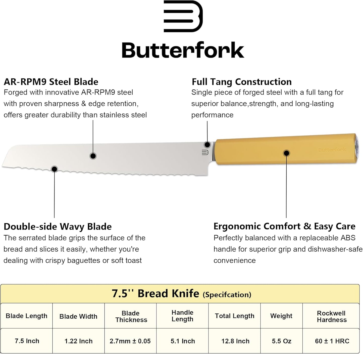 7.5" Serrated Bread Knife for Homemade Bread, Razor Sharp AR-RPM9 Steel & Innovative Wavy Edge, Professional Serrated Knife for Sourdough Bread Cake, Gift Box for Baker Home Chefs
