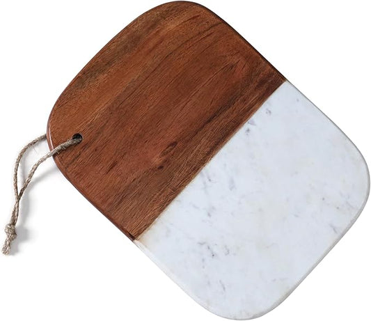 Marble & Acacia Wood Cutting Board – 12.25x9.25" White Charcuterie, Cheese & Serving Tray for Bread, Steak, Fruit – Elegant Solid Chopping Board for Kitchen & Parties
