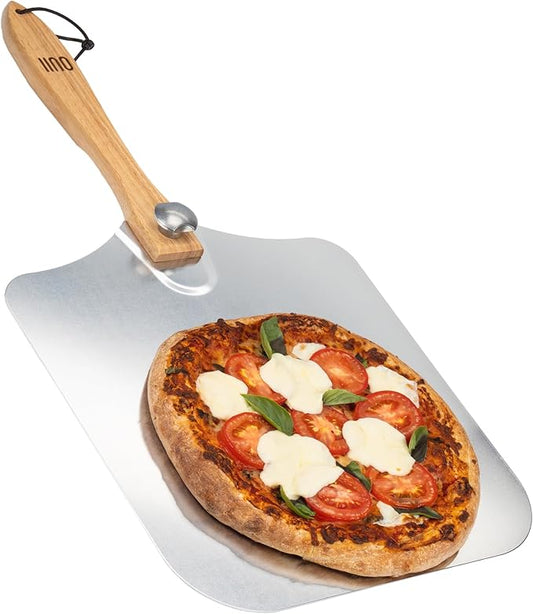 Pizza Peel - 16 x 14-inch Aluminum Metal Spatula Paddle for Extra Large Pizzas. Foldable Wood Handle for Easy Storage, Pizza Oven Accessories. Premium Tool for Baking Homemade Pizza Bread.