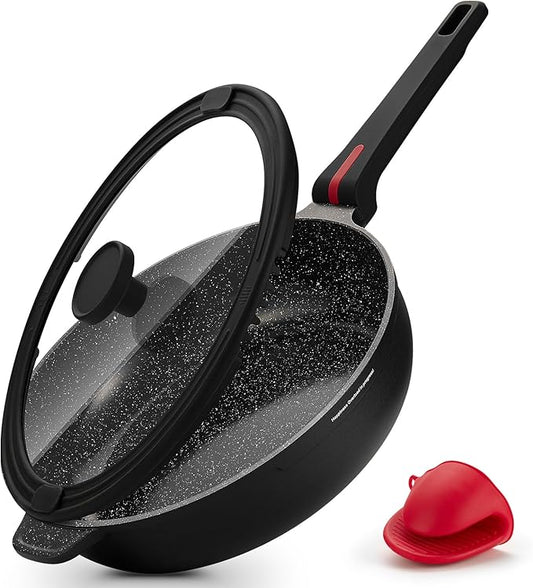 PekGema Nonstick Deep Frying Pan Skillet, Ceramic 12 Inch/4.5 Quart Saute Pan With Lid, Induction Pan, Healthy Non Toxic Cooking Pan With Helper Handle, PFOA PTFE FREE, Black