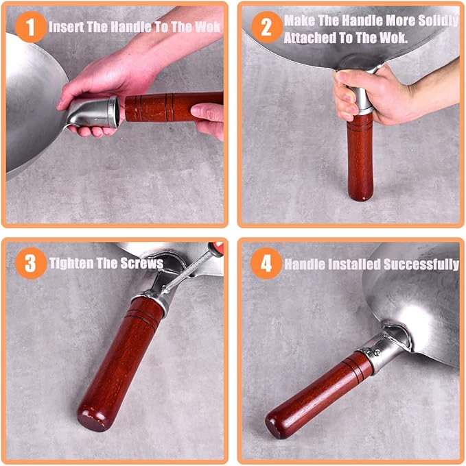 Carbon Steel Wok Traditional Hand Hammered - 13.4" Chinese Woks Round Bottom Wok Pan Set with 8 Pcs Cookware Accessories