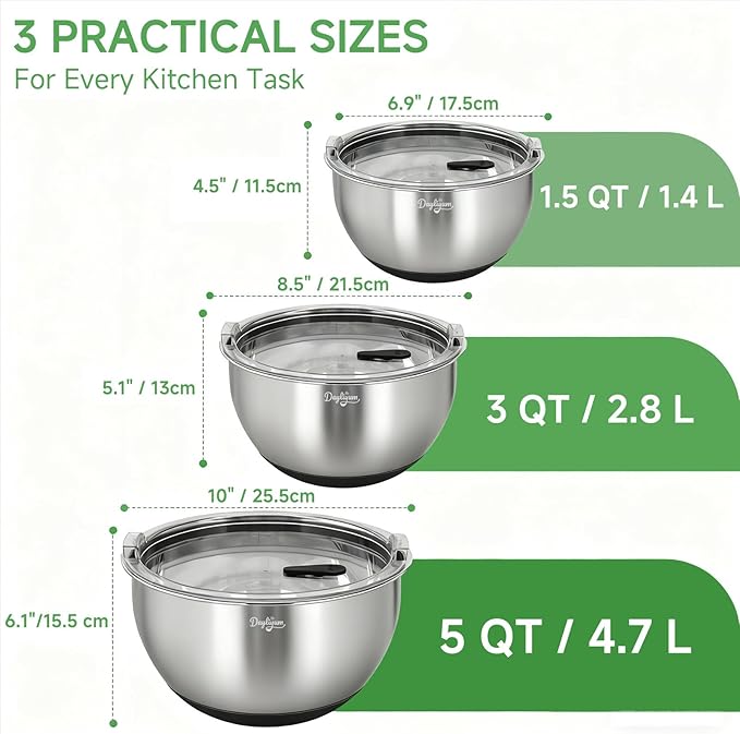 Mixing Bowls with Airtight Lids, Clear Lid with Valve, Stainless Steel Nesting Bowl Set, 3-Piece Bowls(1.5/3/5 QT), Measurement Marks, Non-Slip Silicone Base, Dishwasher Safe, Food Prep & Storage