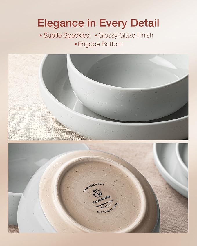 Famiware Milkyway Stoneware Dinnerware Sets with Mugs, Service for 4 (16pcs), Plates and Bowls Sets, Scratch Resistant, Microwave and Dishwasher Safe Dishes Set, Light Gray
