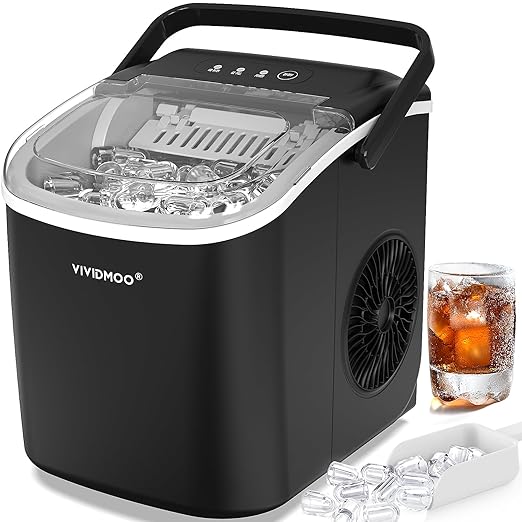 Countertop Ice Maker with Handle,26lbs/24H Bullet Ice Machine, 9 Ice Cubes Ready in 6 Mins,Self-Cleaning Sonic Ice Maker with Basket & Scoop,for Home/Office/Kitchen/RV/Party