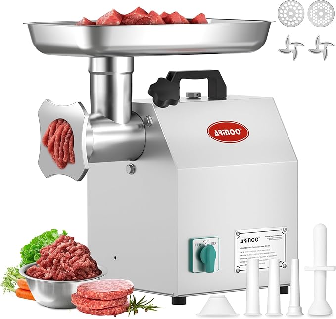 Electric Meat Grinder #12, 1.0 HP Heavy Duty Stainless Steel Meat Mincer, 2400W Max, Includes 2 Blades, 2 Plates & 3 Sausage Stuffing Tubes, Meat Grinder for Home Kitchen & Restaurant Use