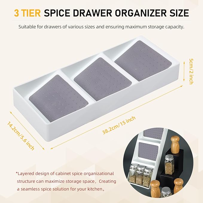 Spice Drawer Organizer, 3 Tier Non-Slip Silicone Seasoning Jars Drawer Insert, Spice Rack Organization for Drawer, Kitchen Spice Rack Tray for Cabinet Countertop Makeup Storage-1 Pack