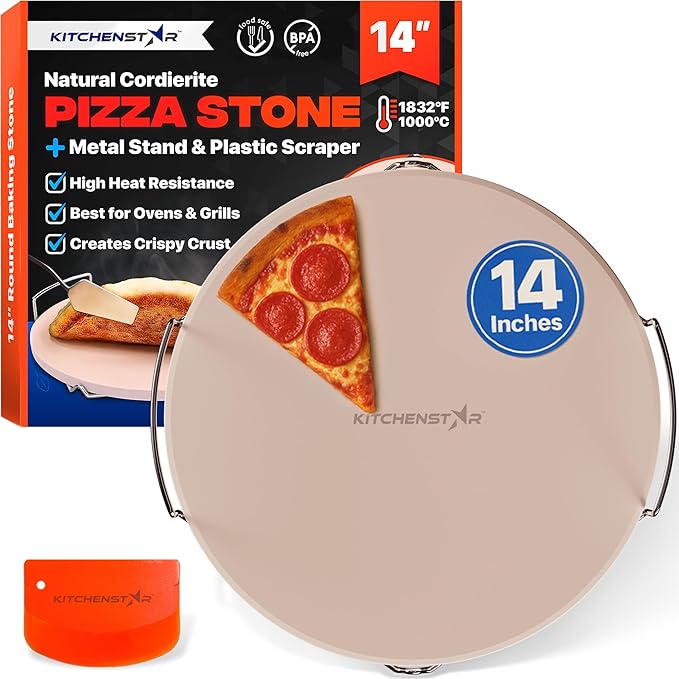 KitchenStar 14-inch Pizza Stone for Oven and BBQ Grill with Handles, Round, 5/8" Thick - Natural Cordierite, 1800 °F Resistant, Baking Stone Set with Stainless Steel Rack & Plastic Scraper Tool