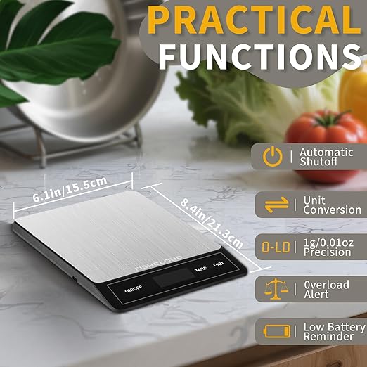 Food Scale - Rechargeable Digital Kitchen Scale 33lb, 1g/0.05oz Precision, Type-C, Stainless Steel, Grams/Ounces, LCD Display, for Cooking/Baking/Meal Prep (Ash Silver)
