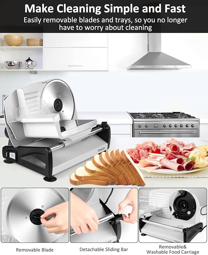 Meat Slicer, 200W Electric Deli Food Slicer with 2 Removable 7.5'' Stainless Steel Blades and Tray, Adjustable Thickness for home use,Child Lock Protection,Easy to Clean,Cuts Meat, Bread and Cheese