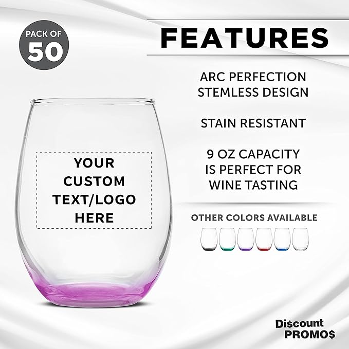 Custom Stemless Wine Glass 9 oz. Set of 50, Personalized Bulk Pack - Great for Wedding Favors, Bachelorette Party Decorations, Party Favors, Color Bottom - Pink