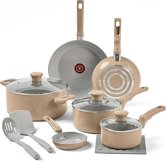 T-Fal Refresh Ceramic Nonstick Cookware Set, 12-Piece, Oven Safe to 350°F, Includes Stockpot, Griddle, Frying Pans, Utensils, Ceramic Pots and Pans Set, Sand Beige