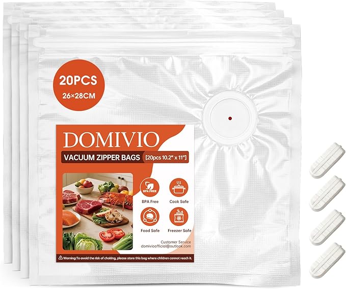 Reusable Vacuum Sealer Bags 20 Pack (10.2"x11") with 4 Clips, BPA-Free Vacuum Zipper Bags for Food Storage, Freezer & Sous Vide Cooking, Compatible with Food Saver Vacuum Sealers