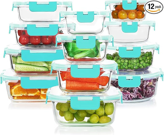 KOMUEE 24 Pieces Glass Food Storage Containers Set, Meal Prep Containers-Stackable Airtight Glass Storage Containers with lids,Freezer, Microwave, Oven Safe,Green