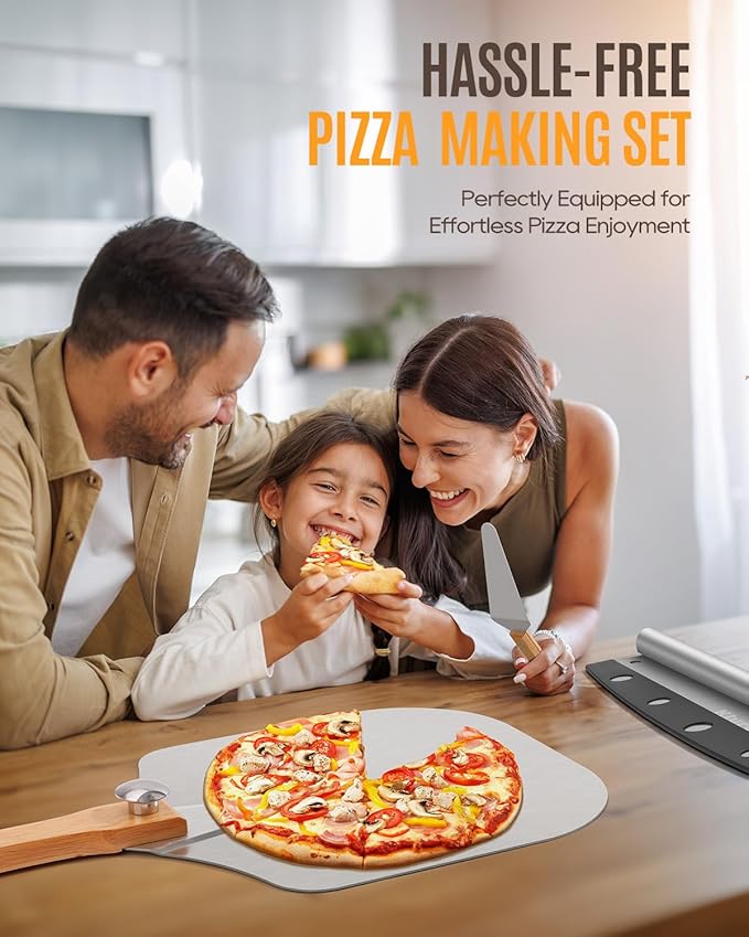 Pizza Peel Aluminum Pizza Spatula Set, 12 x 14 Inch Metal Pizza Paddle with Foldable Wooden Handle, Pizza Rocker Cutter, Pizza Server, Pizza Oven Accessories for Baking Homemade Pizza Bread