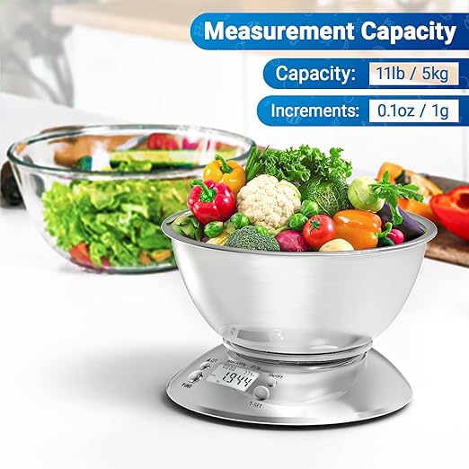 Kitchen Food Scale Digital Weight Grams and Oz，Professional Stainless Steel Digital Kitchen Food Scale 11lb/0.1oz with Bowl for Weight Loss Dieting Baking Cooking
