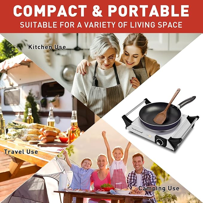Hot Plate, Techwood Single Burner for Cooking, 1500W Countertop Electric Stove with Adjustable Temperature & Stay Cool Handles, 7.3" Cooktop for RV/Home, Upgraded Version Silver