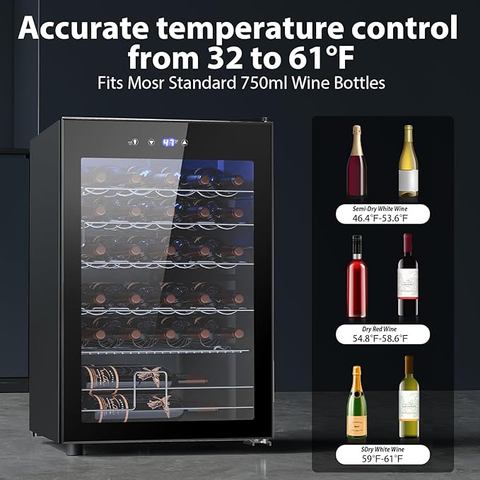 Wine Cooler Refrigerator 4.4Cu.ft, 37 Bottle Freestanding Cabinet Wine Cellars, Wine Fridge with Glass Door for Home Use, Protecting Your Reds and Whites