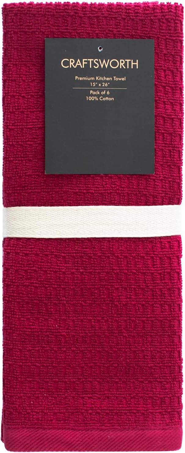 CRAFTSWORTH Kitchen Towels, 15 x 26 Inches, Pack of 6, 400 GSM, 100% Ring Spun Cotton, Solid Red Dish Towels Super Soft and Absorbent, Tea Towels and Bar Towels
