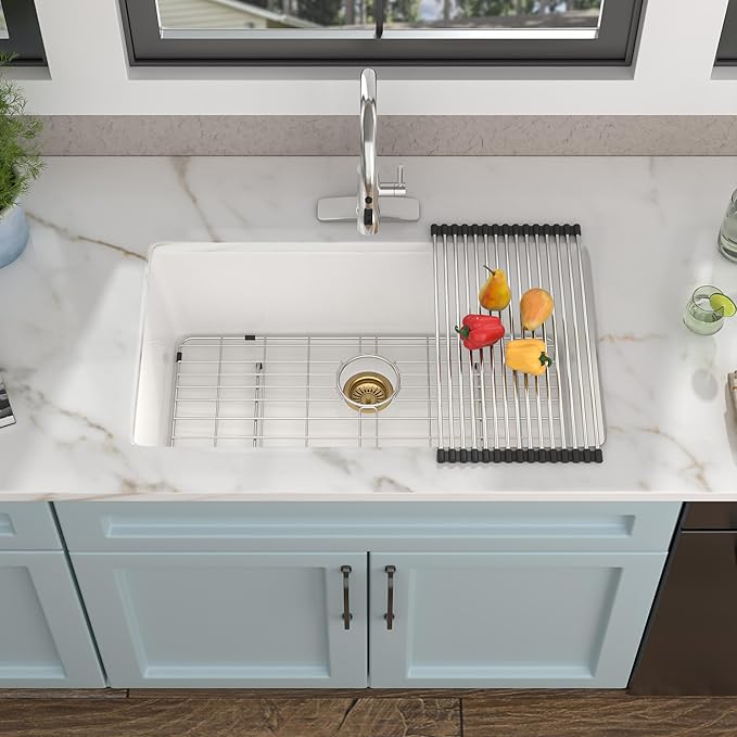 31 Granite Composite Kitchen Sink - Fulorni 31"×18" Granite Kitchen Sink White Undermount Quartz Classic Under Counter Single Bowl Sink Basin