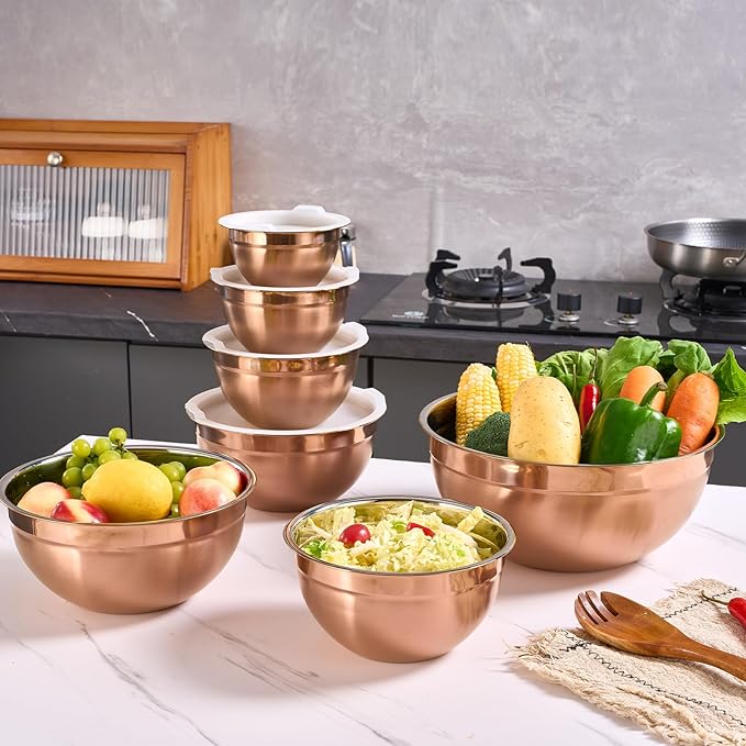 Rose Gold Mixing Bowls with Airtight Lids, Stainless Steel Nesting Mixing Bowls Set of 7, Ideal for Baking, Prepping and Serving Food, Size 7, 3.6, 2.7, 2.1, 1.5, 1.1,0.8 QT, Stackable Design