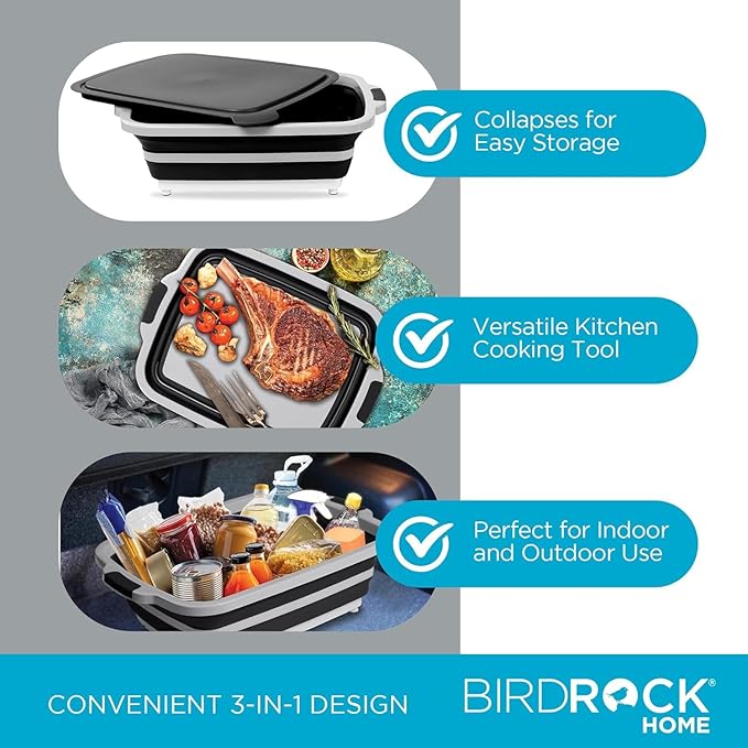 BIRDROCK HOME 2-pack Collapsible BBQ Prep Tub w/Cutting Board, Multi-Function Grill Caddy w/Colander & Lid, Portable Silicone Dish Bowl for Picnic, Tailgate, Camping (Black, Large)