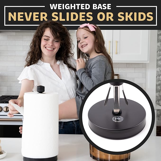 Stainless Steel Black Paper Towel Holder Designed for Easy One-Handed Operation - This Sturdy Weighted Paper Towel Dispenser Countertop Model Has Suction Cups and Holds All Paper Towel Rolls
