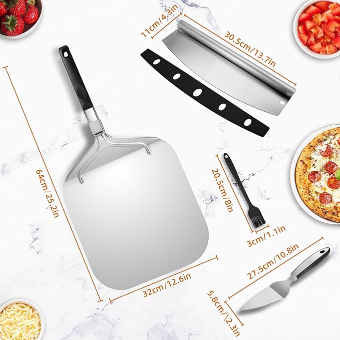 MANJIA Pizza Peel 13 inch, Pizza Paddle with Cutter Rocker Set (12.6"x 16.5") Metal Pizza Peel with Foldable Handle, Pizza Spatula Paddle for Indoor & Outdoor Ovens Homemade Pizza Making Kit