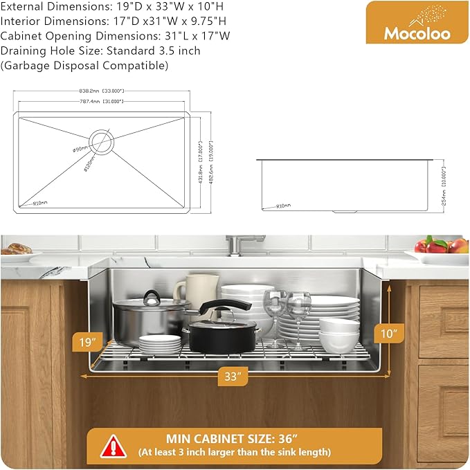 Mocoloo 33 Undermount Kitchen Sink - 33 x 19 Inch Kitchen Sink Undermount Stainless Steel 16 Gauge Single Bowl Under Counter Handmade with Offset Drain, 10'' Deep Basin