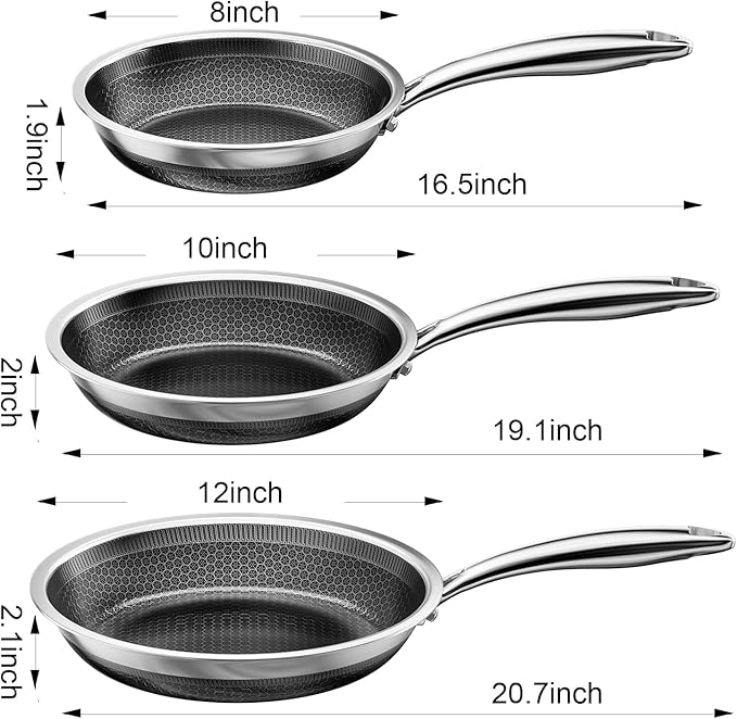 Fogdream 3PCS Pots and Pans Set Non Stick, Stainless Steel Pan, Dishwasher and Oven-Safe Frying Pan, PFOA Free and Induction Compatible Cookware Set, Silver