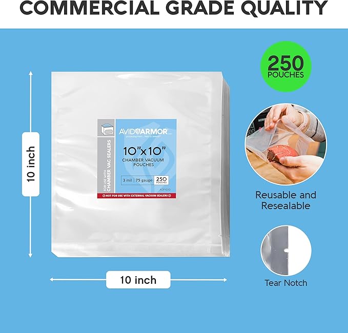 Avid Armor Chamber Vacuum Sealer Bags – Heavy Duty, BPA-Free, Pre-Cut Chamber Vacuum Bags for Food Preservation, Freezer Storage, Sous Vide and more, 250/Pack (10x10) – Multi-Use Vacuum Bags