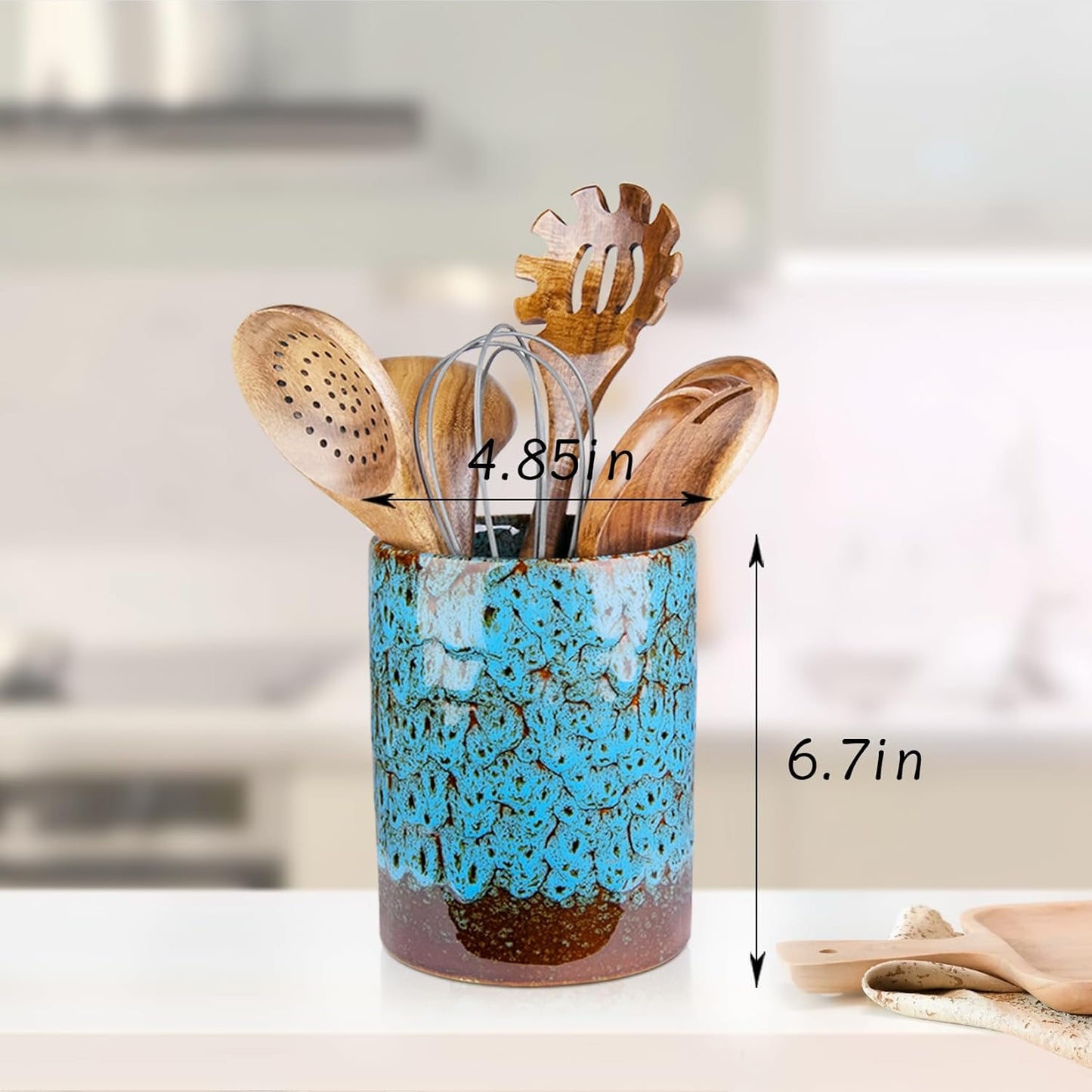 Utensil Holder, Ceramic Kitchen Utensil Holder for Countertop, Large Cooking Utensil Crocks for Kitchen Counter, Morden Utensil Organizer for Spatula, kitchen Decor,Blue