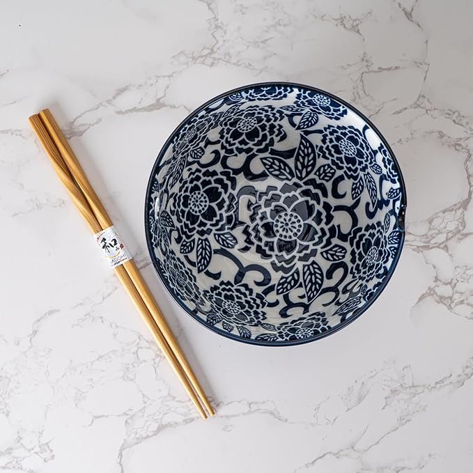 Urban Tokyo Porcelain Japanese Motif Design Ramen Udon Noodle Rice Bowl With Chopsticks 20 fl oz 6 inch Diameter Bowl Sets Color Box Packaging (Botan Peony Flower)