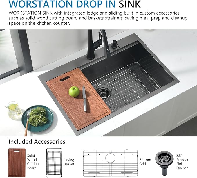 33 Inch Drop In Black Kitchen Sink, Doirteal 33x22 Inch Top Mount Kitchen Sink 16 Gauge Gunmetal Black Stainless Steel Single Bowl Workstation Sinks 33 Drop In Sinks