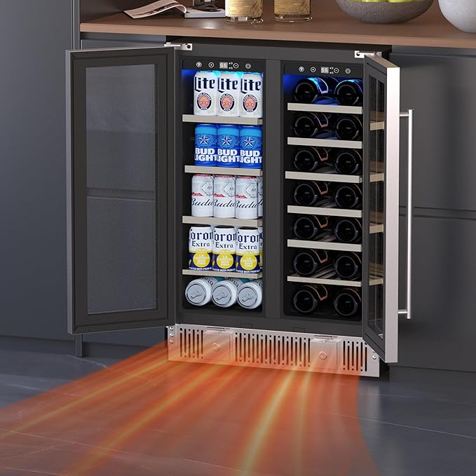 Dual Zone Wine Cooler with Glass Door, 21 Bottles and 88 Cans Wine and Beverage Refrigerator, 4.4 cu.Ft 24 Inch Built in or Under Counter Wine Fridge with LED Light, Two Door Lock