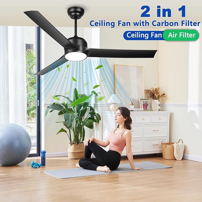 52 Inch Black Ceiling Fan with Filters Lights Remote Control, Quiet DC Motor/Dimmable 3 Colors LED/6 Speed High CFM/3 Blade Indoor Ceiling Fans with Light for Bedroom Living Room Porch