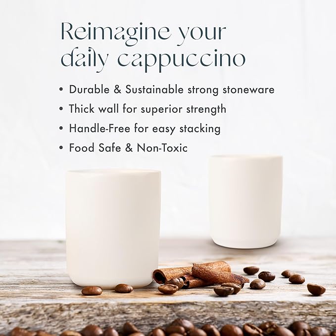 Folk Ceramics Dylan Ceramic Cappuccino Cups Set | Double Walled Ceramic Coffee Mug Set | Compact & Heat Insulated Cappuccino, Tea, Coffee & Latte Cup | 8oz, Set of 2 | Fog Grey