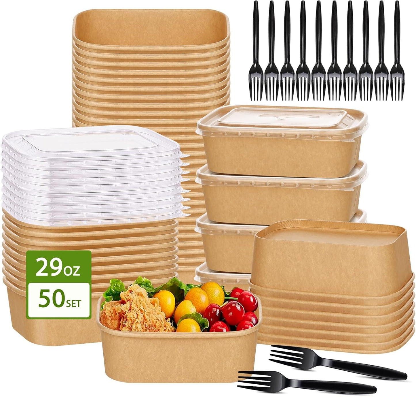 DI QIU REN 50-Pack 29oz Disposable Kraft Paper Bowls【with Lids and Forks】, Meal Prep Containers Disposable Large Paper Bowls Leakproof Take Out To Go Food Containers, Microwave Safe for Hot/Cold Food