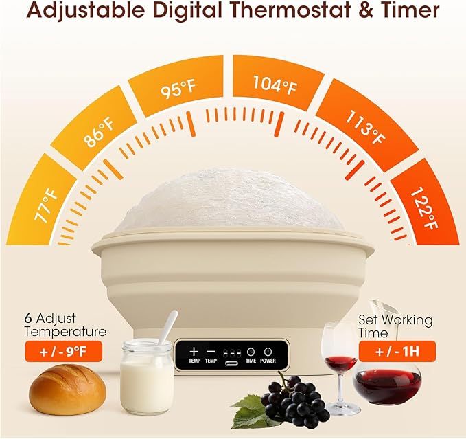 Heating Banneton Bread Proofing Basket Kit, Sourdough Starter Kit, 6 Adjustable Temp (77℉-122℉) Banneton Baking Supplies with Recipe, Smart Thermostatic Silicone Batter Bowl with Timer and LED Display