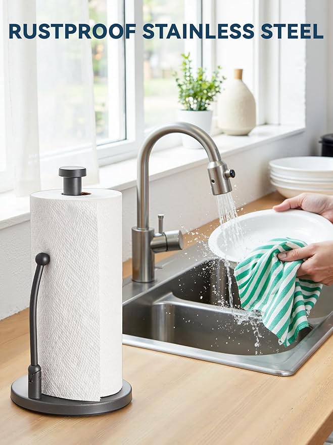 SMARTAKE Paper Towel Holder, Paper Towel Dispenser Standing Weighted Base Non Slip, Spring Arm for Easy Tear, Stainless Steel Paper Towel Holder for Home Kitchen Countertop Tabletop, Metallic Gray
