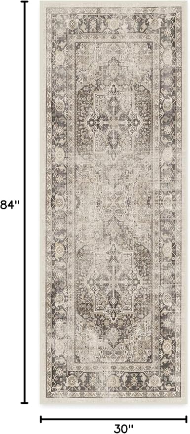 RUGGABLE Washable Vintage Runner Rug – Kamran Hazel 2.5x7, Stain-Resistant, Non-Slip Hallway Runner – Machine Washable Rug for Hallway, Entryway, Living Room & Kitchen–with Standard Pad