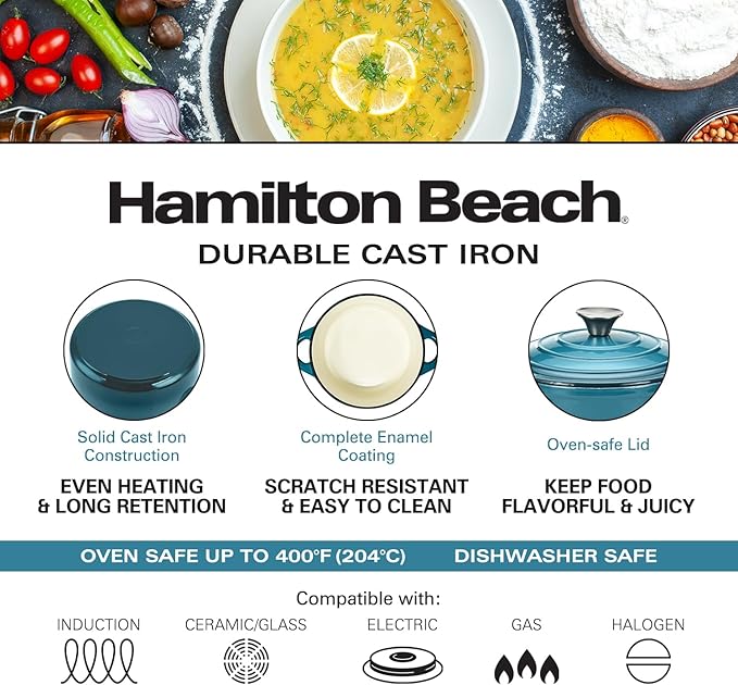 Hamilton Beach 3-Quart Enameled Cast Iron Dutch Oven, Navy with Cream Interior | Even Heat Distribution & Easy-Grip Handles | Ideal for Braising, Roasting,Stewing & Bread Baking