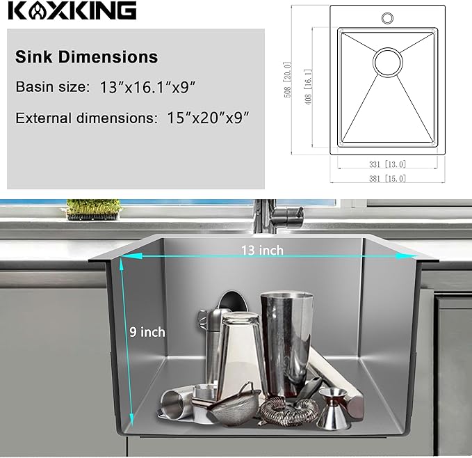 15x20 Inch Bar Sink, 18 Gauge 304 Stainless Steel Topmount Drop In Sink with Grid, Drain Assembly for Home, RV, Office, Laundry, Professional Use