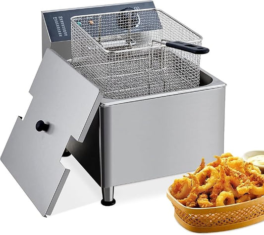 Commercial 11L/3.3Gal Deep Fryer 1700W,201 Stainless Steel Electric Fryer with Adjustable Thermostat, Extra-Thick 6LB Basket & Splash Guard Lid for Restaurant, Food Truck, Home Kitchen