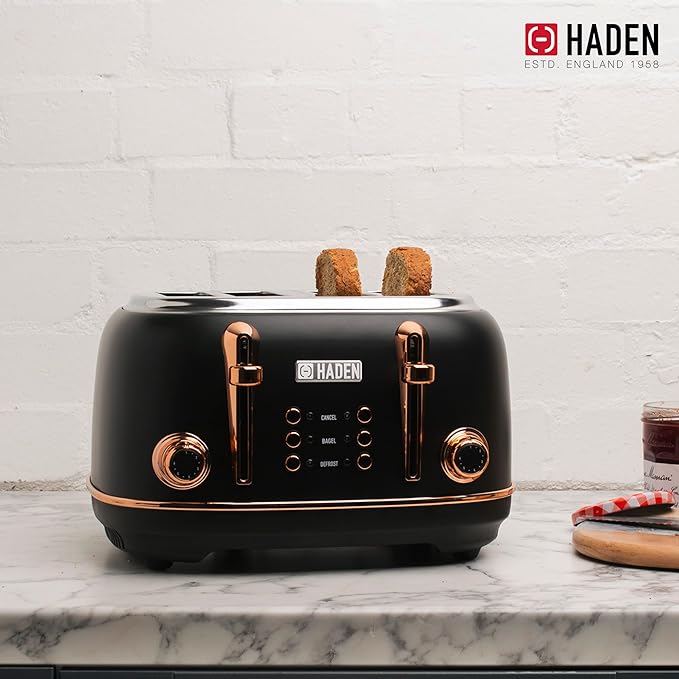 HADEN Heritage 4-Slice Toaster with Extra Wide Slots, 1500-Watt, Black & Copper - Retro Stainless Steel Design with Self-Centering Function, Adjustable Browning Control & Removable Crumb Tray
