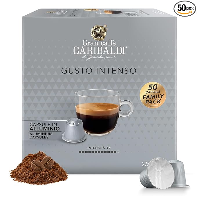 Gran Caffè Garibaldi Espresso Pods, Italian Roasted Coffee, Compatible Nespresso Original Line Machines, Nitrogen Flushed, Strong & Intense, Cocoa & Dried Fruit, Dark Roast - Gusto Intenso (Aluminum) 50 Cups
