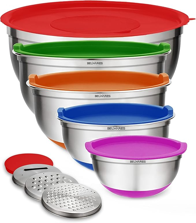 Belwares Mixing Bowls with Lids Set of 5 - Stainless Steel Nesting Bowls with Non-Slip Silicone Bottoms, Airtight Lids & 3 Grater Attachments Kitchen Baking Bowls for Food Prep & Storage (Colorful)